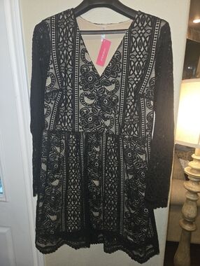 Xhiliration Black Lace V-Neck Faux Wrap Dress with Nude Lining XL
